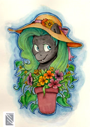 Size: 1504x2112 | Tagged: safe, artist:moonraven2, derpibooru import, oc, oc:coal, flower, hat, solo, traditional art