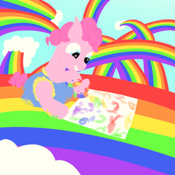 Size: 1280x1280 | Tagged: safe, alternate version, artist:m3g4p0n1, derpibooru import, pinkie pie, earth pony, pony, diaper, female, filly, filly pinkie pie, foal, hoof painting, lineless, painting, rainbow, solo, younger
