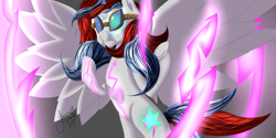 Size: 2560x1280 | Tagged: safe, artist:jimmy draws, derpibooru import, oc, oc only, oc:thunder andreos, pegasus, berserk, berserker, cutie mark, demi-god, glasses, new god of thunder, rage, spread wings, thunder, wings