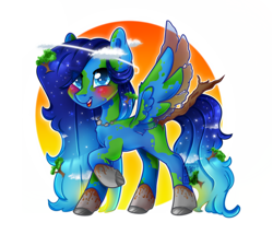 Size: 1198x1024 | Tagged: safe, artist:meqiopeach, derpibooru import, oc, oc only, oc:terra natura, earth pony, pegasus, pony, art, blushing, cloud, coat markings, cute, dirt, earth, female, fluffy mane, hair over one eye, halo, jewelry, mare, multicolored hair, necklace, open mouth, planet, raised hoof, raised leg, raised tail, rock, simple background, simple shading, solo, starry mane, sun, tail, tree, tree branch, water, white background