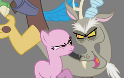 Size: 1143x720 | Tagged: safe, artist:bronybase, derpibooru import, discord, oc, draconequus, earth pony, pony, the return of harmony, base, earth pony oc, fangs, frown, gray background, looking at each other, open mouth, raised hoof, simple background, suspicious