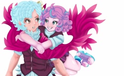 Size: 1280x788 | Tagged: safe, artist:jennobasilicum, derpibooru import, cozy glow, princess flurry heart, human, equestria girls, blushing, cape, clothes, cozyheart, crystal prep academy uniform, equestria girls-ified, female, freckles, hug, human coloration, humanized, lesbian, older, school uniform, shipping, shirt, shoes, simple background, skirt, sneakers, socks, vest, white background