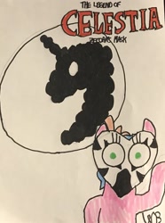 Size: 951x1280 | Tagged: safe, artist:whistle blossom, derpibooru import, cozy glow, pegasus, pony, series:the legend of celestia, bow, female, filly, foal, hair bow, implied zecora, mare in the moon, marker drawing, mask, moon, signature, skull kid, solo, text, the legend of zelda, the legend of zelda: majora's mask, traditional art