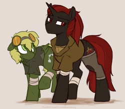 Size: 1650x1436 | Tagged: safe, artist:crimmharmony, derpibooru import, oc, oc only, oc:murky, oc:protege, pegasus, pony, unicorn, fallout equestria, fallout equestria: murky number seven, bandage, clothes, fanfic, fanfic art, goggles, lidded eyes, male, ponytail, scar, simple background, stallion