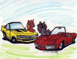 Size: 1024x789 | Tagged: safe, artist:sketchywolf-13, derpibooru import, oc, oc only, earth pony, pony, unicorn, car, chevrolet, chevrolet camaro, chevrolet corvette, commission, duo, horn, male, stallion, traditional art