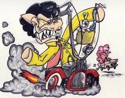 Size: 1024x808 | Tagged: safe, artist:sketchywolf-13, derpibooru import, pinkie pie, earth pony, pony, bloodshot eyes, car, commission, driving, fire, nash metropolitan, rat fink, riding, sharp teeth, simple background, smoke, teeth, traditional art, vehicle, white background