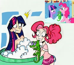 Size: 2453x2139 | Tagged: safe, artist:citi, derpibooru import, screencap, gummy, pinkie pie, twilight sparkle, alligator, human, feeling pinkie keen, bathtub, bubble bath, eye clipping through hair, eyebrows visible through hair, humanized, mouth hold, pinkie being pinkie, scene interpretation, screencap reference, shocked expression, strategically covered, wet mane