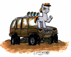 Size: 1024x824 | Tagged: safe, artist:sketchywolf-13, derpibooru import, oc, oc only, earth pony, pony, commission, cutie mark, jeep, jeep grand cherokee, male, mud, simple background, solo, stallion, suv, traditional art, vehicle, white background