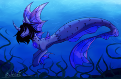 Size: 4425x2878 | Tagged: safe, artist:qwertichan, derpibooru import, siren, cloven hooves, commission, curved horn, fins, fish tail, horn, kellin quinn, male, ocean, ponified, scales, signature, sleeping with sirens, solo, swimming, underwater, water, ych result