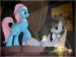 Size: 2000x1500 | Tagged: safe, artist:i.solyanik1, derpibooru import, lotus blossom, oc, oc:silver bristle, earth pony, pony, candle, cutie mark, digital art, female, grin, hoof massage, hooves, male, mare, massage, necktie, smiling, spa, stallion, ticklish hooves