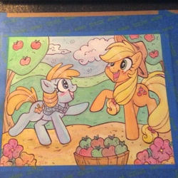 Size: 1280x1279 | Tagged: safe, artist:marybellamy, derpibooru import, applejack, oc, earth pony, pony, commission, cute, jackabetes, open mouth, smiling, sweet apple acres, traditional art