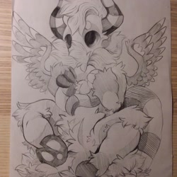 Size: 1080x1080 | Tagged: safe, artist:c_owokie, derpibooru import, oc, oc only, original species, cloven hooves, fluffy, grayscale, horn, monochrome, solo, traditional art, wings