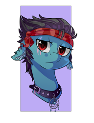 Size: 1801x2347 | Tagged: safe, artist:tomat-in-cup, derpibooru import, oc, oc only, earth pony, pony, bandana, bust, collar, ear piercing, earring, earth pony oc, eye scar, floppy ears, jewelry, piercing, scar, simple background, solo, spiked collar, transparent background