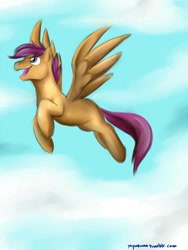 Size: 750x1000 | Tagged: source needed, safe, artist:yaywewon, derpibooru import, scootaloo, pegasus, pony, cloud, flying, happy, scootaloo can fly, sky, solo