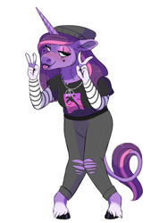 Size: 1500x2000 | Tagged: safe, artist:uunicornicc, derpibooru import, oc, oc only, oc:pyxis, anthro, unguligrade anthro, unicorn, anthro oc, beanie, clothes, female, leonine tail, magical lesbian spawn, mare, offspring, pants, parent:starlight glimmer, parent:twilight sparkle, parents:twistarlight, shirt, simple background, solo, t-shirt, unshorn fetlocks, white background