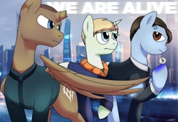 Size: 2900x2000 | Tagged: safe, artist:wolftendragon, derpibooru import, alicorn, earth pony, robot, unicorn, android, anniversary, ax400, broken horn, connor, crossover, detroit: become human, fanart, female, group, horn, kara, male, markus, multiple characters, quantic dream, rk200, rk800, side view, spread wings, video game, wings