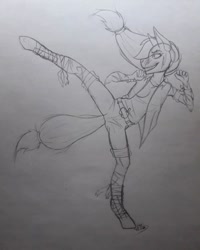 Size: 774x968 | Tagged: safe, artist:0pika-chan0, derpibooru import, applejack, anthro, earth pony, unguligrade anthro, clothes, fanfic art, female, insanity, kicking, lineart, solo, traditional art