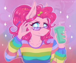 Size: 2842x2371 | Tagged: safe, artist:taleriko, derpibooru import, pinkie pie, anthro, clothes, drink, drinking straw, female, glasses, long nails, nail polish, nails, rcf community, smiling, solo, white pupils, zoom layer