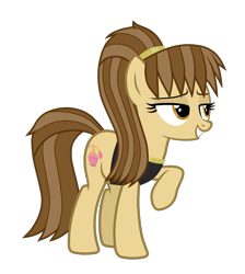 Size: 2652x2962 | Tagged: safe, artist:chomakony, derpibooru import, oc, oc only, oc:shimmy aromel, earth pony, pony, bedroom eyes, brown mane, clothes, earth pony oc, female, lidded eyes, mare, perfume, ponytail, raised hoof, simple background, smiling, solo, tail, transparent background