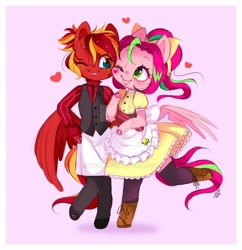 Size: 800x828 | Tagged: safe, artist:ipun, derpibooru import, oc, oc only, oc:fire strike, oc:precious metal, anthro, pegasus, chibi, clothes, deviantart watermark, female, friendship cafe, maid, mare, obtrusive watermark, one eye closed, vest, waitress, watermark, wink