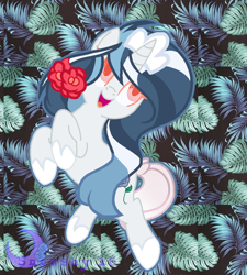 Size: 900x1000 | Tagged: safe, artist:dewysartpage, artist:snowshy16, derpibooru import, oc, oc only, pony, unicorn, base used, commission, female, flower, flower in hair, leaf, mare, smiling, solo