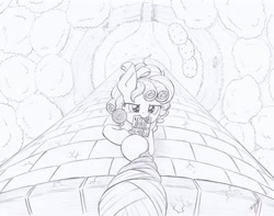 Size: 1024x806 | Tagged: safe, artist:xeviousgreenii, derpibooru import, cozy glow, pegasus, pony, atg 2020, candy, card, food, lollipop, monochrome, mouth hold, newbie artist training grounds, offscreen character, pov, pun, rapunzel, rope, tower, traditional art