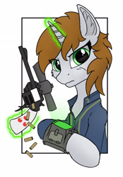 Size: 2153x3092 | Tagged: safe, artist:kargle, derpibooru import, oc, oc only, oc:littlepip, pony, unicorn, fallout equestria, clothes, fanfic, fanfic art, female, glowing horn, gun, handgun, hooves, horn, levitation, little macintosh, magic, mare, optical sight, pipbuck, revolver, scope, solo, telekinesis, vault suit, weapon