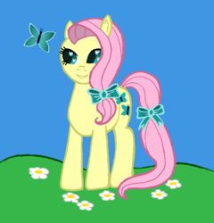 Size: 934x973 | Tagged: safe, artist:assertiveshypony, derpibooru import, posey, butterfly, earth pony, pony, bow, digital art, flower, grassfield, simple background, smiling