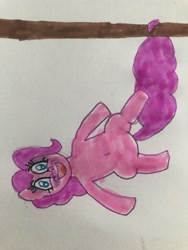 Size: 3024x4032 | Tagged: safe, artist:whistle blossom, derpibooru import, pinkie pie, earth pony, pony, belly button, cute, diapinkes, female, hanging, hanging upside down, looking at you, mare, open mouth, pinkie being pinkie, simple background, smiling, smiling at you, solo, swinging, traditional art, tree, upside down, white background