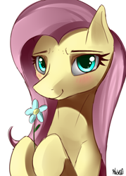Size: 1500x2100 | Tagged: safe, artist:nixworld, derpibooru import, fluttershy, pegasus, pony, bust, cellshaded, cute, eyelashes, female, flower, looking at you, mane, mare, signature, simple background, smiling, smiling at you, solo, white background