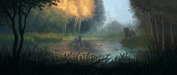 Size: 3500x1500 | Tagged: safe, artist:neeoray, derpibooru import, oc, oc only, oc:queen lahmia, changeling queen, blue changeling, canterlot, cattails, changeling queen oc, forest, scenery, scenery porn, solo, spear, statue, swamp, tree, weapon