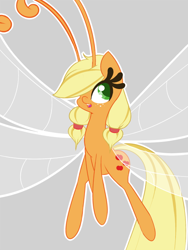 Size: 500x666 | Tagged: safe, artist:koportable, derpibooru import, applejack, breezie, it ain't easy being breezies, applebreezie, breeziefied, female, gray background, hair over one eye, looking at you, open mouth, simple background, smiling, solo, species swap