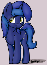 Size: 2016x2800 | Tagged: safe, artist:topicranger, derpibooru import, oc, oc:banano, pony, unicorn, beige background, blue, blue mane, golden eyes, looking up, simple background, simple shading, solo, standing