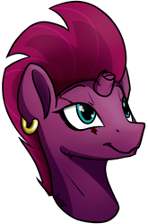 Size: 1764x2680 | Tagged: safe, artist:topicranger, derpibooru import, fizzlepop berrytwist, tempest shadow, pony, blue eyes, broken horn, ear piercing, earring, happy, horn, jewelry, looking up, piercing, scar, simple background, solo, transparent background