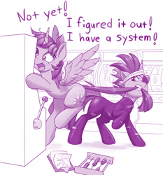 Size: 1280x1374 | Tagged: safe, artist:dstears, derpibooru import, twilight sparkle, twilight sparkle (alicorn), unicorn twilight, alicorn, pony, unicorn, abacus, addiction, biting, casino, catsuit, clipboard, dialogue, digital art, dragging, eyepatch, female, future twilight, gambling, insanity, latex, latex suit, mare, monochrome, newbie artist training grounds, pulling, self ponidox, slot machine, solid sparkle, spread wings, tail, tail bite, tail pull, twilight snapple, twilynanas, wings