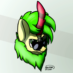 Size: 1875x1875 | Tagged: safe, artist:topicranger, derpibooru import, oc, oc:lemon bass, kirin, pony, angry, green eyes, green mane, looking at you, signature, simple background, solo, sunglasses, yellow