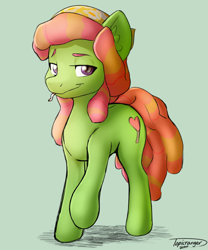 Size: 1884x2268 | Tagged: safe, artist:topicranger, derpibooru import, tree hugger, pony, bandana, cigarette, green background, green fur, headband, looking at you, signature, simple background, smiling, smiling at you, solo, standing