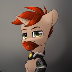 Size: 2000x2000 | Tagged: safe, artist:shido-tara, derpibooru import, oc, oc only, oc:6-9, cyborg, unicorn, beard, collar, facial hair, smiling, watching in camera