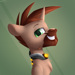 Size: 2500x2500 | Tagged: safe, artist:shido-tara, derpibooru import, oc, oc only, oc:6-9, cyborg, unicorn, beard, collar, facial hair, satisfied, watching in camera