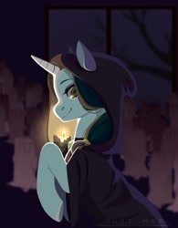 Size: 1092x1397 | Tagged: safe, artist:marichan29, derpibooru import, oc, oc only, oc:abigail blackwood, pony, unicorn, bust, candle, cloak, clothes, commission, female, solo, spooky, ych result