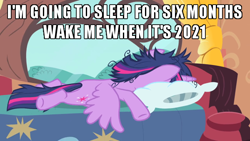 Size: 600x338 | Tagged: safe, derpibooru import, edit, edited screencap, screencap, twilight sparkle, twilight sparkle (alicorn), alicorn, pony, inspiration manifestation, 2020, bed, caption, drama, golden oaks library, image macro, messy mane, solo, text, tired