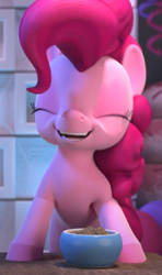 Size: 388x655 | Tagged: safe, derpibooru import, screencap, pinkie pie, earth pony, pony, hello pinkie pie, bowl, cropped, cute, diapinkes, eyes closed, female, laughing, solo, table, walnut