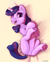 Size: 933x1143 | Tagged: safe, artist:mrstrats, derpibooru import, twilight sparkle, unicorn twilight, pony, unicorn, female, frog (hoof), heart eyes, looking at you, mare, on back, open mouth, solo, underhoof, wingding eyes