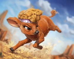 Size: 1200x960 | Tagged: safe, artist:assasinmonkey, derpibooru import, little strongheart, buffalo, cloven hooves, desert, digital painting, female, headband, looking back, running, solo