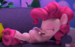 Size: 921x577 | Tagged: safe, derpibooru import, screencap, pinkie pie, earth pony, pony, hello pinkie pie, cropped, cute, diapinkes, eyes closed, female, laughing, sofa, solo