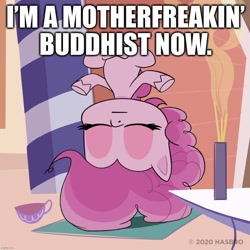 Size: 1080x1080 | Tagged: safe, derpibooru import, edit, edited screencap, screencap, pinkie pie, earth pony, pony, my little pony: pony life, buddhism, caption, eyes closed, image macro, incense, pinkie being pinkie, solo, text, upside down, vulgar, yoga