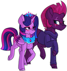 Size: 1015x1080 | Tagged: safe, artist:king-justin, derpibooru import, tempest shadow, twilight sparkle, twilight sparkle (alicorn), alicorn, blushing, clothes, colored wings, female, lesbian, shipping, simple background, tempestlight, transparent background, wings