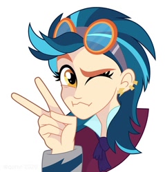 Size: 1080x1130 | Tagged: safe, artist:qehvi, derpibooru import, indigo zap, equestria girls, bust, clothes, crystal prep academy uniform, ear piercing, earring, female, goggles, jewelry, one eye closed, peace sign, piercing, school uniform, solo, wink