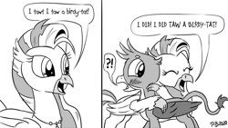 Size: 1200x675 | Tagged: safe, artist:pony-berserker, derpibooru import, gallus, silverstream, classical hippogriff, griffon, hippogriff, pony-berserker's twitter sketches, blushing, cute, diastreamies, eyes closed, gallabetes, hug, implied gallstream, looney tunes, monochrome, reference, stippling, tweety bird