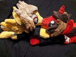 Size: 2834x2125 | Tagged: safe, artist:bluedragonflyplush, derpibooru import, photographer:lightningbolt, pegasus, pony, unicorn, alex gaskarth, all time low, clothes, ear fluff, horn, irl, jack barakat, looking at each other, male, nuzzling, photo, plushie, ponified, prone, shirt, smiling, smirk, spread wings, stallion, t-shirt, wings